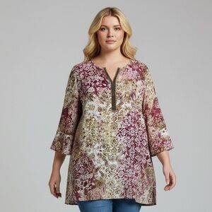 Catherines Plus Burgundy/Gold Floral 3/4 Sleeve Beaded V-Neck Tunic/Blouse 1X